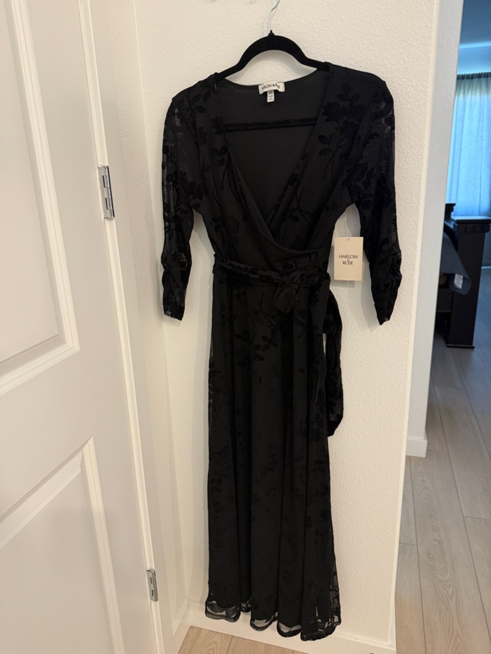 Marion Rose Black Floral Velvet-Detail Wrap Maxi Dress